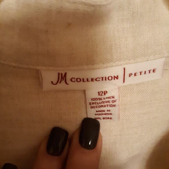 JM Collection 100% Linen Shirt Beaded Embroidered Bodice 3/4 Sleeve Size 12P LN - Picture 7 of 7
